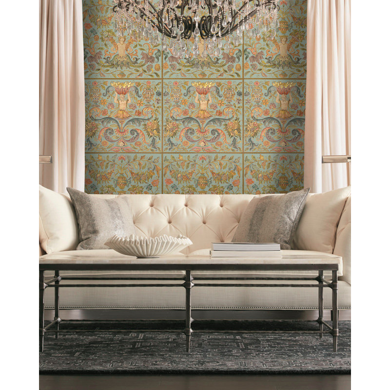 Renascimento Floral Wallpaper Roll, Green/Blue/Gold