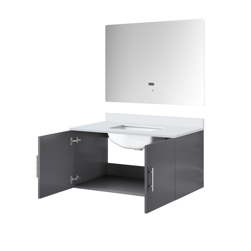 36 po Miroir à DEL et meuble-lavabo gris foncé avec comptoir en quartz