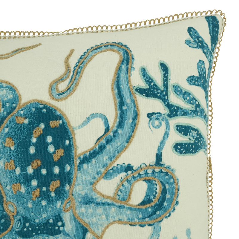 Aqua Blue Cotton Octopus Design 20" Square Throw Pillow Cover