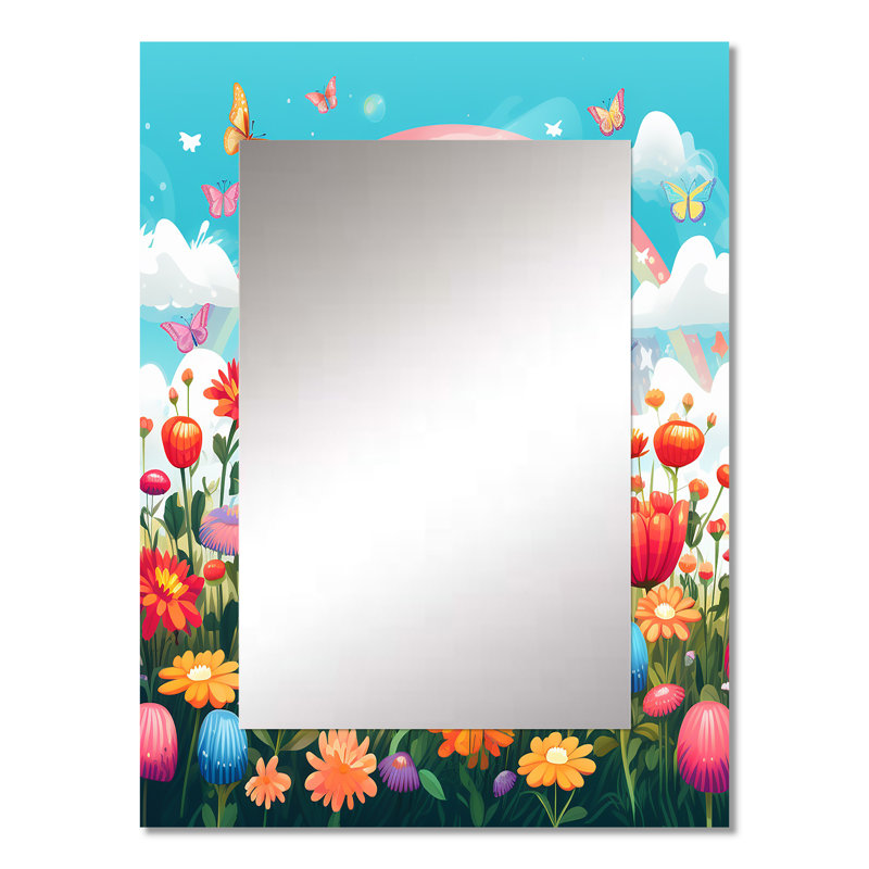 Orange monarque papillon, champ de fleurs II, grand miroir mural, miroir décoratif moderne, impression d'art en métal