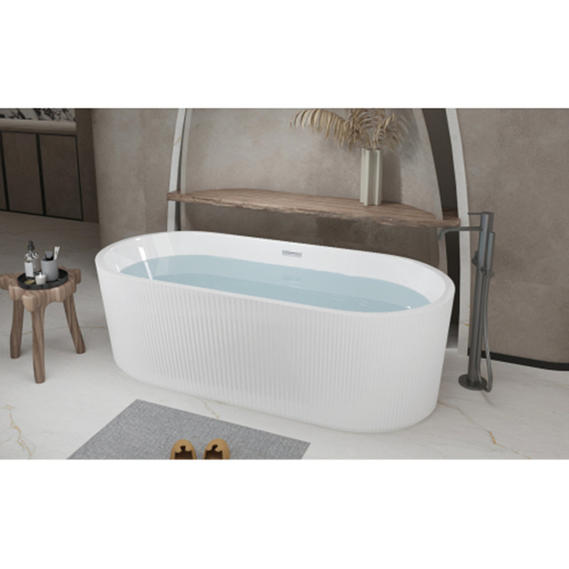 59-Inch Glossy White Acrylic Linear Freestanding Stand-Alone Soaking Bathtub with POP-UP Chrome Drain - cUPC Certified