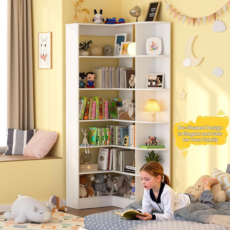 Grande bibliothèque d'angle en forme de L à 6 niveaux avec chicane, blanc, tablettes de rangement ouvertes pour la chambre à coucher, le bureau personnel, le salon et la cuisine