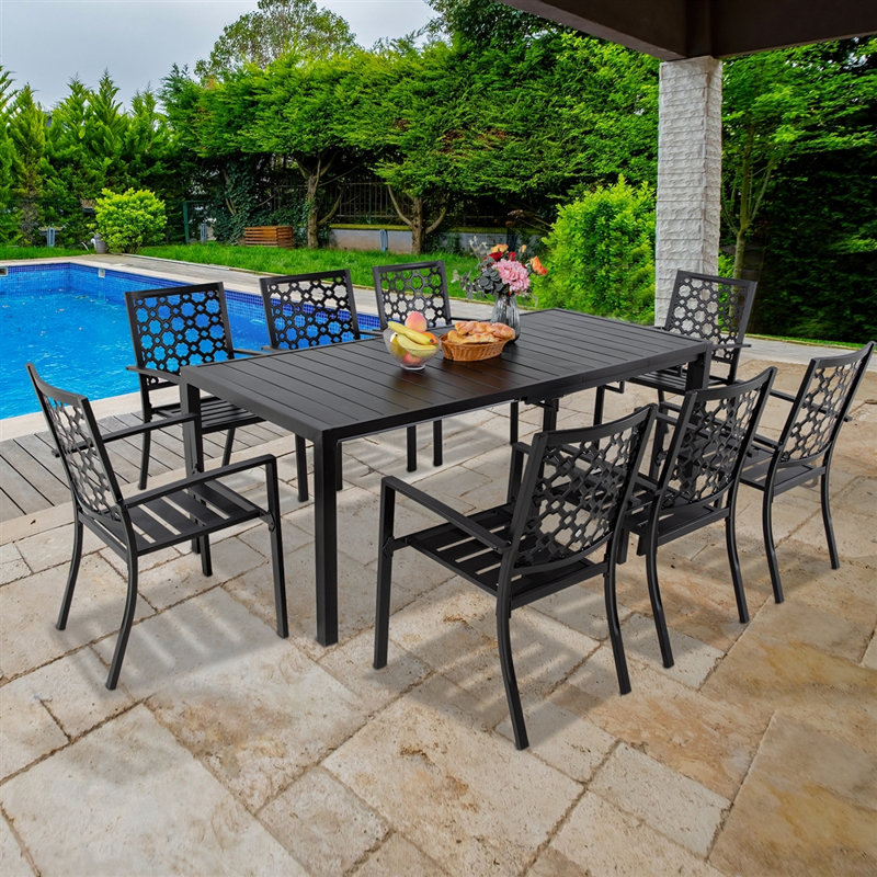 MEOOEM 9-Piece Sturdy Metal Outdoor Dining Set,8 Metal Patio Chairs, 79” Expandable Table, Patio Furniture for Backyard, Courtyard & Deck Gatherings