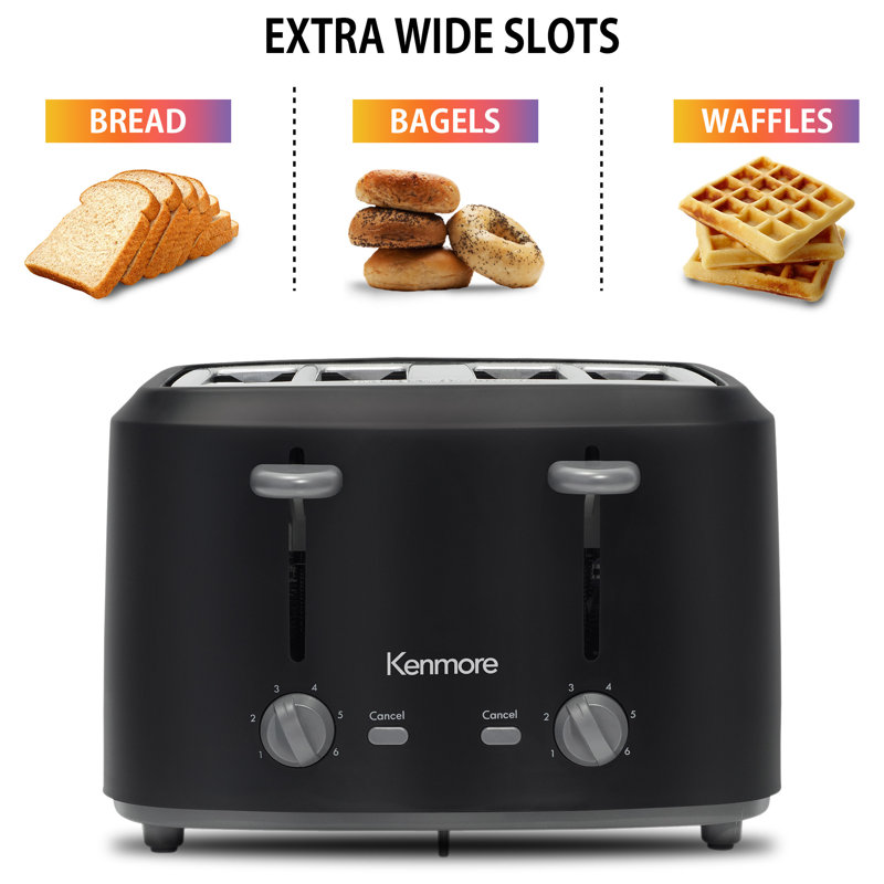 Kenmore 4 Slice Toaster, Matte Black and Grey, Dual Controls