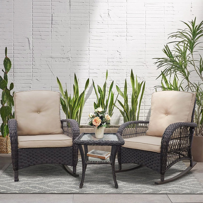 Ensemble de 3 chaises d'extérieur en osier avec coussins de haute qualité et table d'appoint en verre Kaki