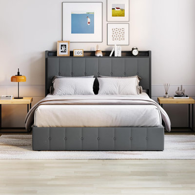 Grand lit avec rangement relevable, structure de lit tapissier en velours avec tête de lit, lit plateforme en métal, pas de sommier tapissier, lattes en bois massif, silencieux, gris