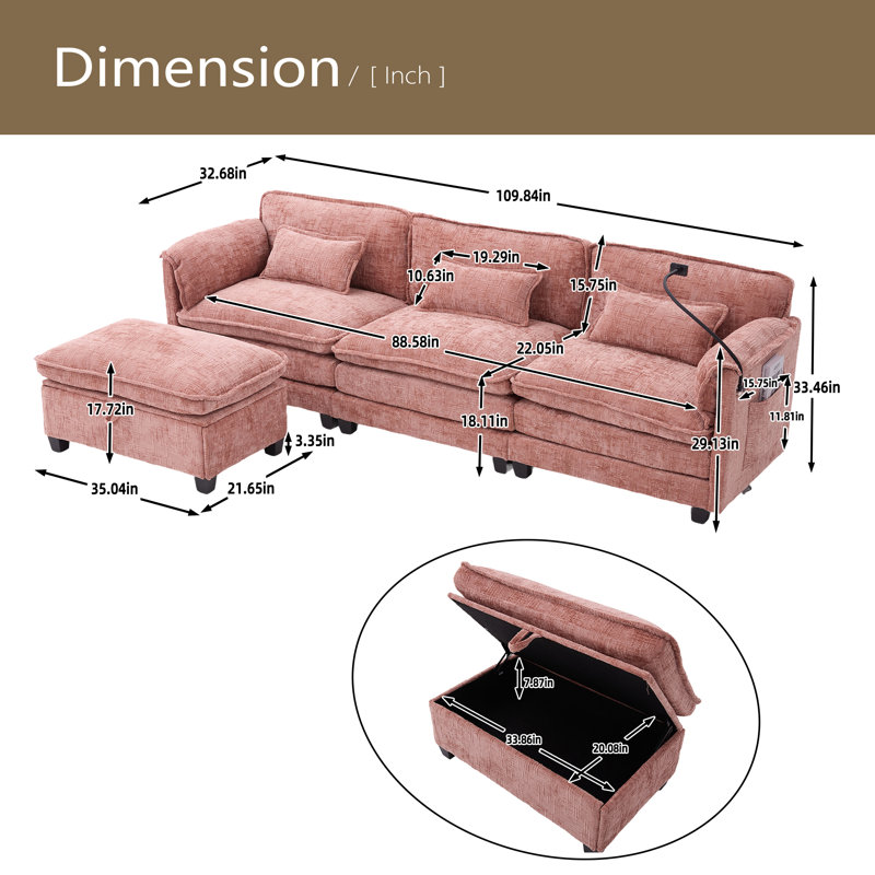 Oversized Sectional Sofa Cloud Couch For Living Room, Modern Chenille L Shaped Couch, Comfy Boucle Modular Sofa Sleeper With Movable Storage Ottoman, Phone Holder, USB Charging Port