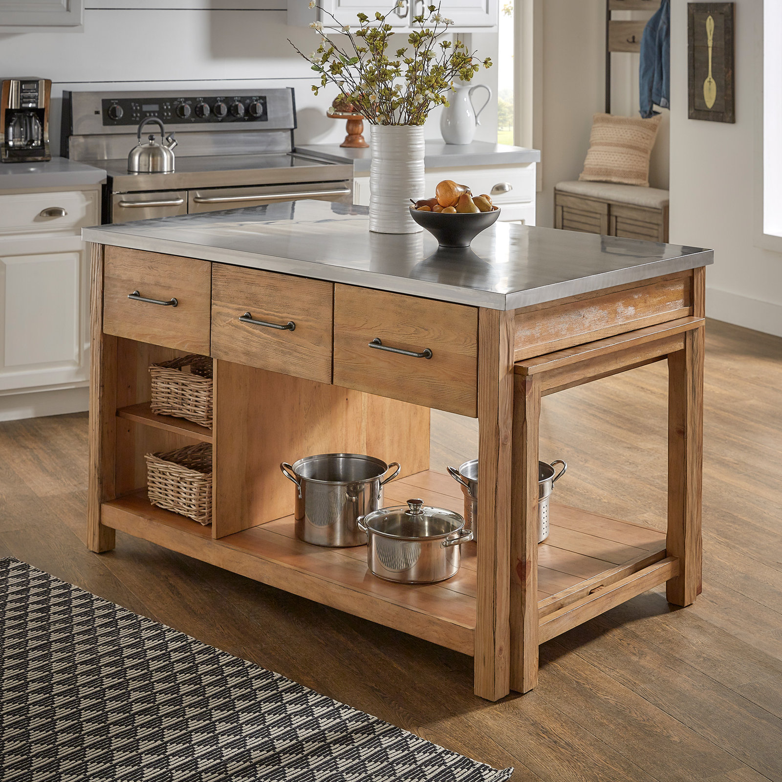 Tinka 3-Drawer Rectangle Pine Kitchen Island , Stainless Steel, Natural