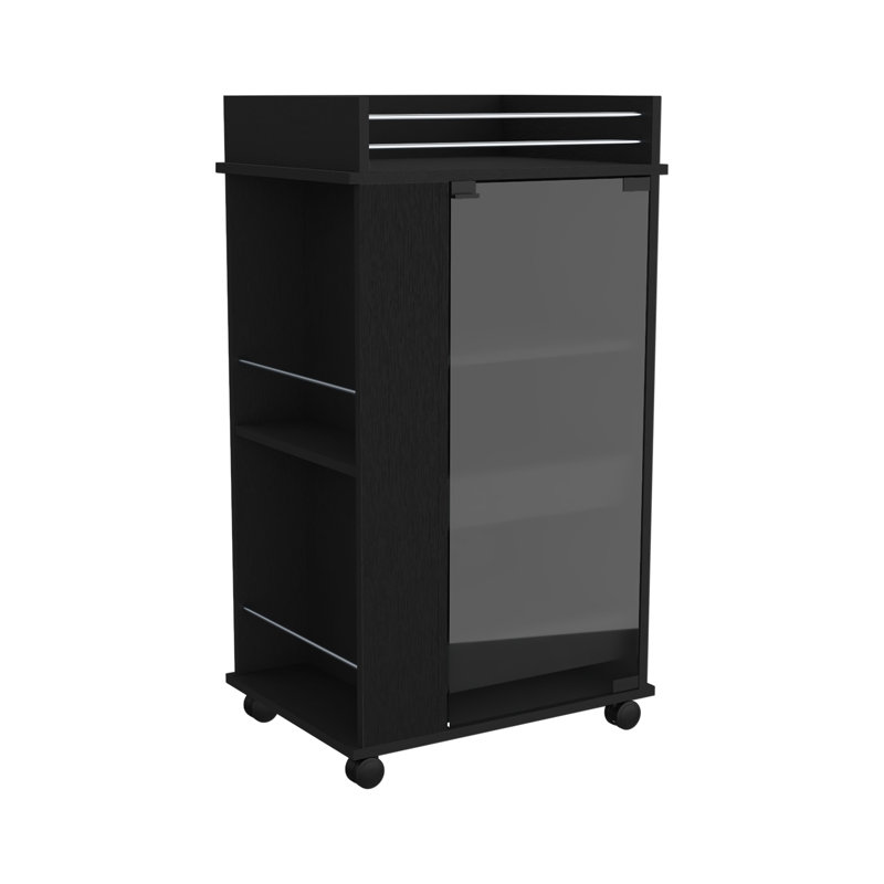 Lansing Bar Cart with Glass Door, 6 shelves and Casters, Living Room, Black, Black