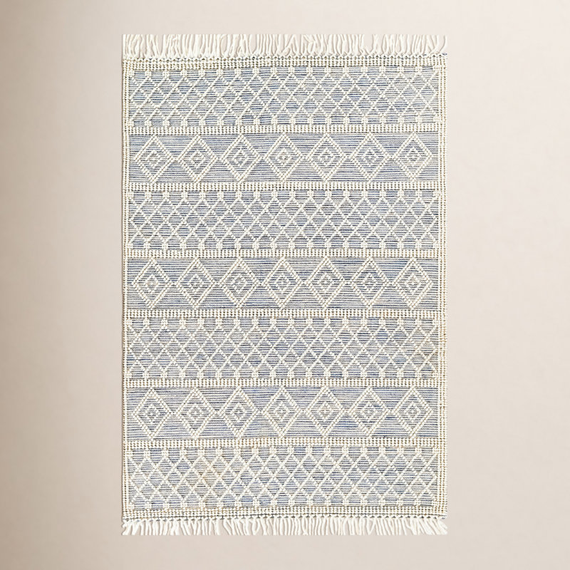 Beige Light Blue Hand-Woven Geometric Rug, Rectangle 2' x 3'