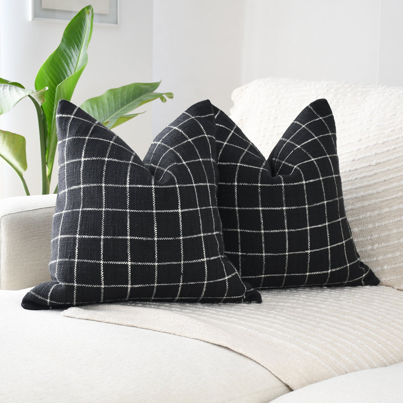 Black & White Checkered Cotton Decorative Pillow Cover, Handwoven Geometric Design