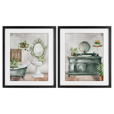Bath Greens Botanical Interior 2pc Framed Print Under Glass Set, design by Kim Allen