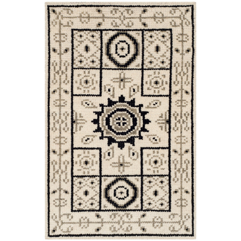 Tapis ivoire / gris en laine / coton noué à la main Chrystal, Rectangle 3 pi x 5 pi