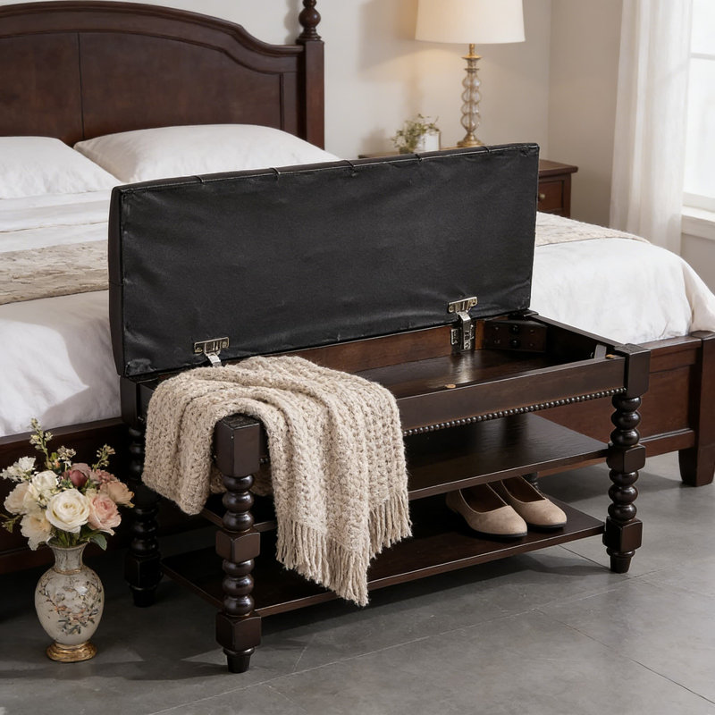 Banc de rangement en bois massif avec coussin et compartiment rabattable - étagère à chaussures, organisateur et tabouret de salon