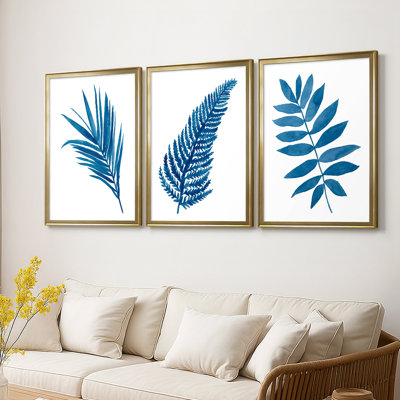 Indigo Botanica III  -Custom Framed  Wrapped Gallery Canvas - 3 Pieces