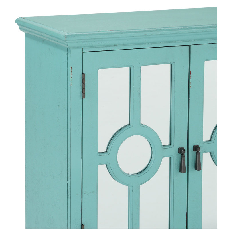 Commode d'appoint antique avec poignées suspendues et étagères intérieures, Turquoise