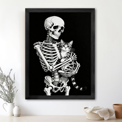 Black Framed Vintage The contrast between life and death and warmth, skeleton embracing cat Wall Art Retro Style Framed Prints