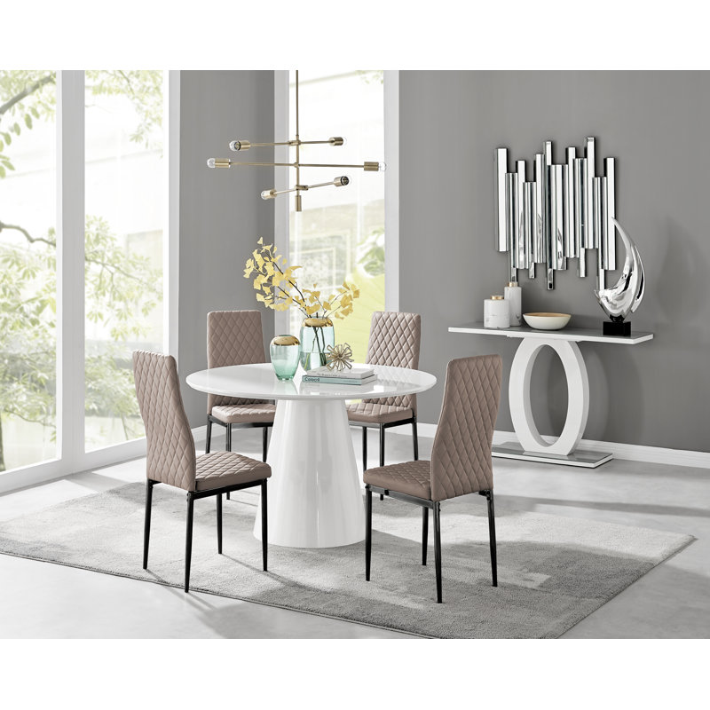 Edward Statement Pedestal Dining Table Set with 4 Luxury Faux Leather Upholstered Dining Chairs, White, Cappuccino/Black