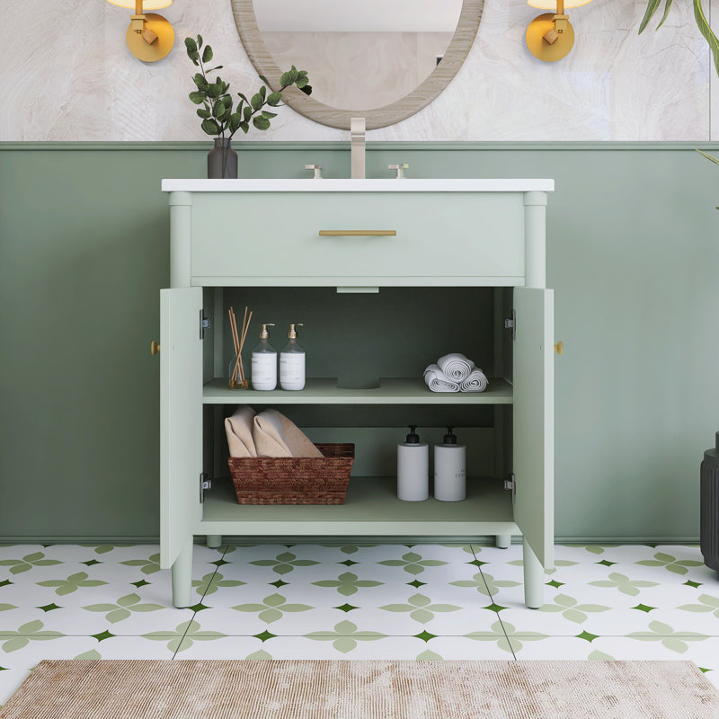 Meuble-lavabo autoportant 31 po avec comptoir en céramique 31 po, Vert / or mat