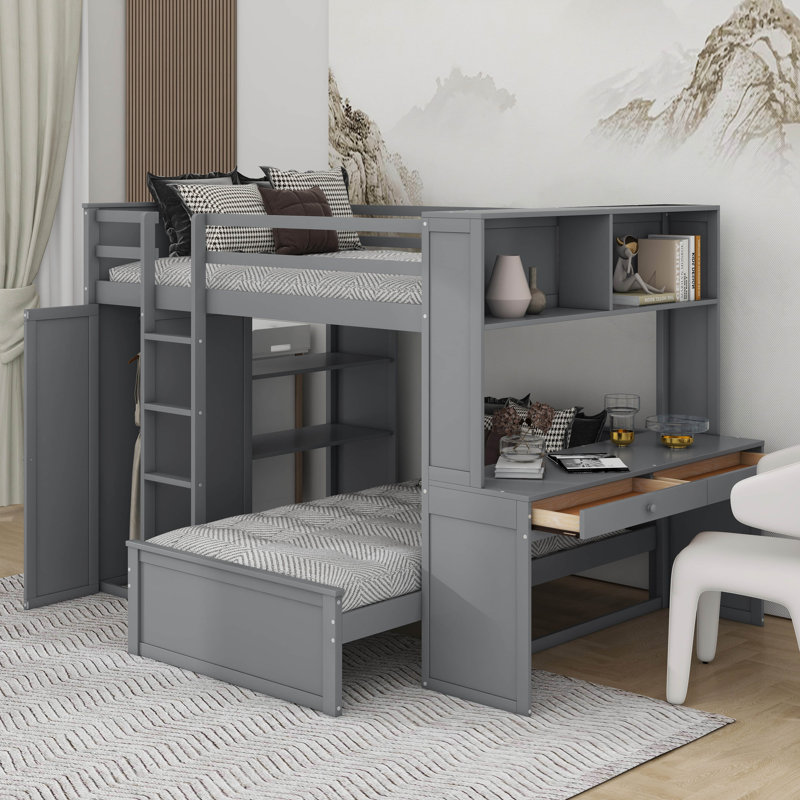 Lit mezzanine double avec lit autonome, tablettes, bureau et garde-robe, Gris