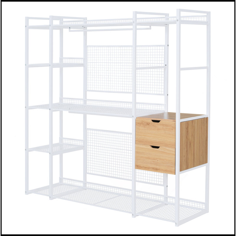 Armoire ouverte avec rails suspendus, tablettes et tiroirs, blanc