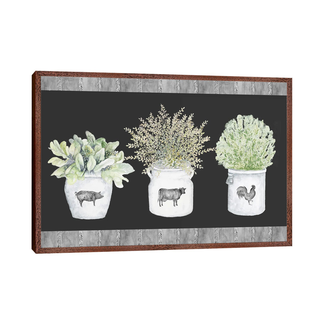 Potted Farm Arrangement Trio On Chalkboard by Janice Gaynor - Painting on Canvas
