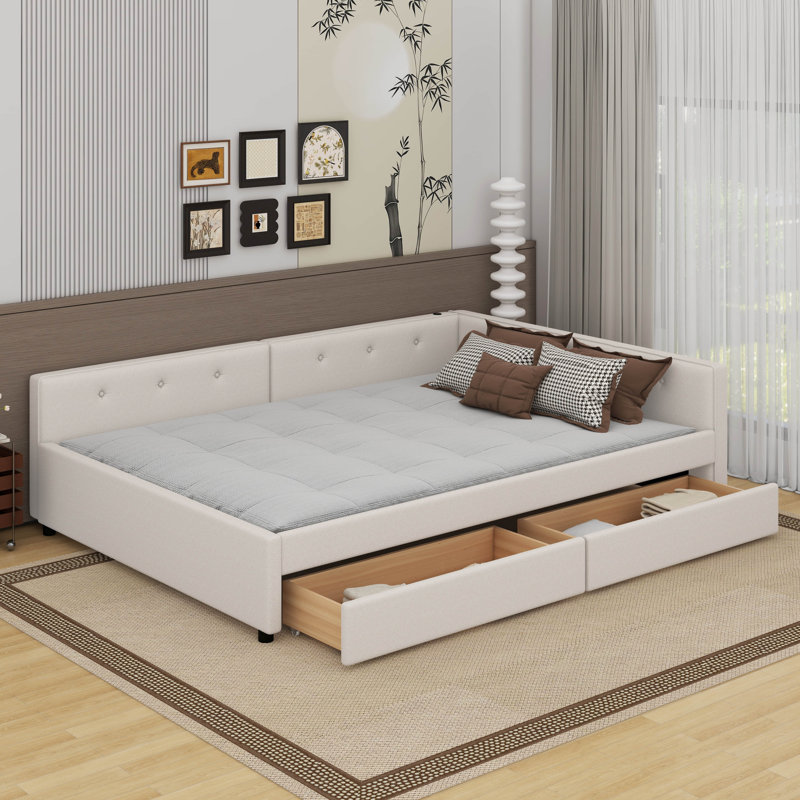 Lit plateforme tapissier avec port USB et 2 tiroirs, beige, Double