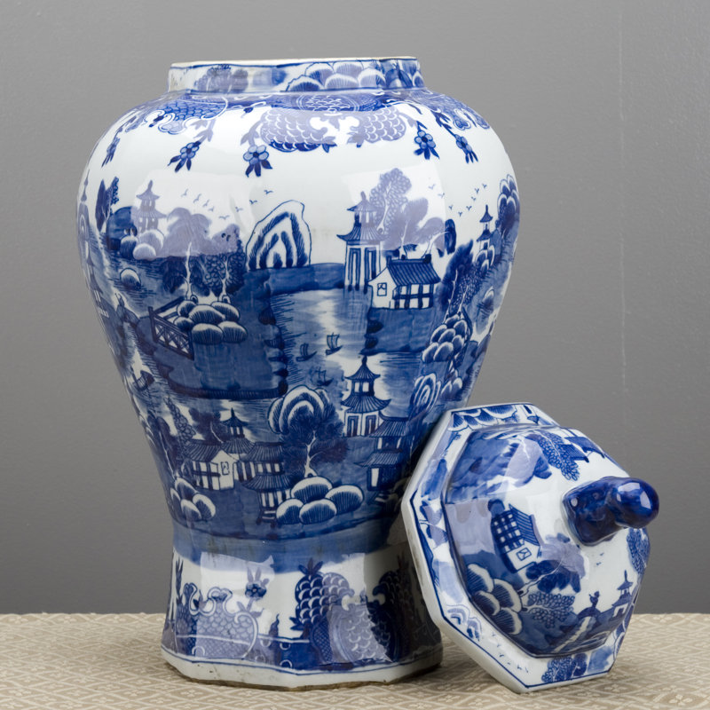 Blue and White Temple Jar with Lid
