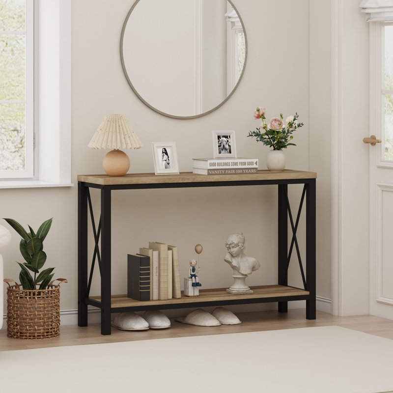 Aust 47.24'' Console Table, Wood And Metal Sofa Table For Living Room, Industrial 2 Tier Entryway Table For Hallway, Foyer, Front Door, Entrance (Rustic Oak)
