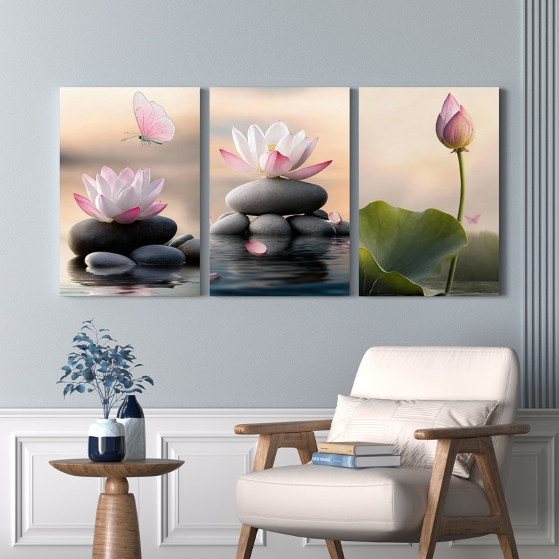 Tableau sur toile tendue « Fleur de lotus et pierres zen » (lot de 3), H 30 po x l 60 po