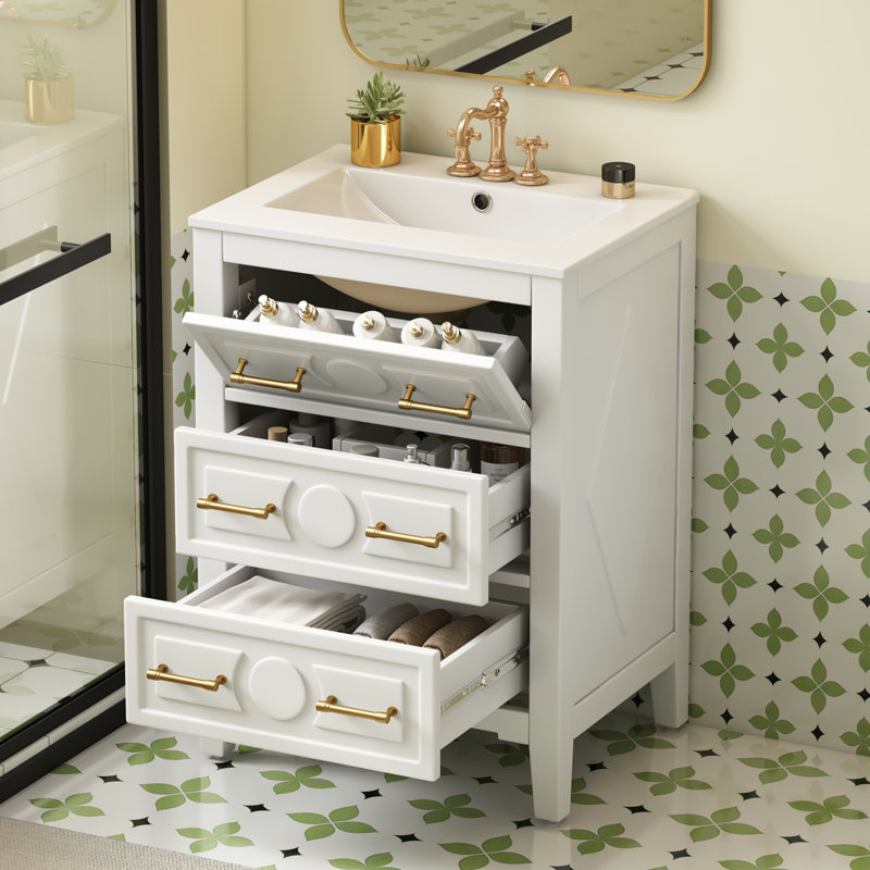 Ensemble de meuble-lavabo moderne avec lavabo en céramique, ensemble de meuble-lavabo simple autoportant avec 3 tiroirs, armoire de rangement pour salle de bain