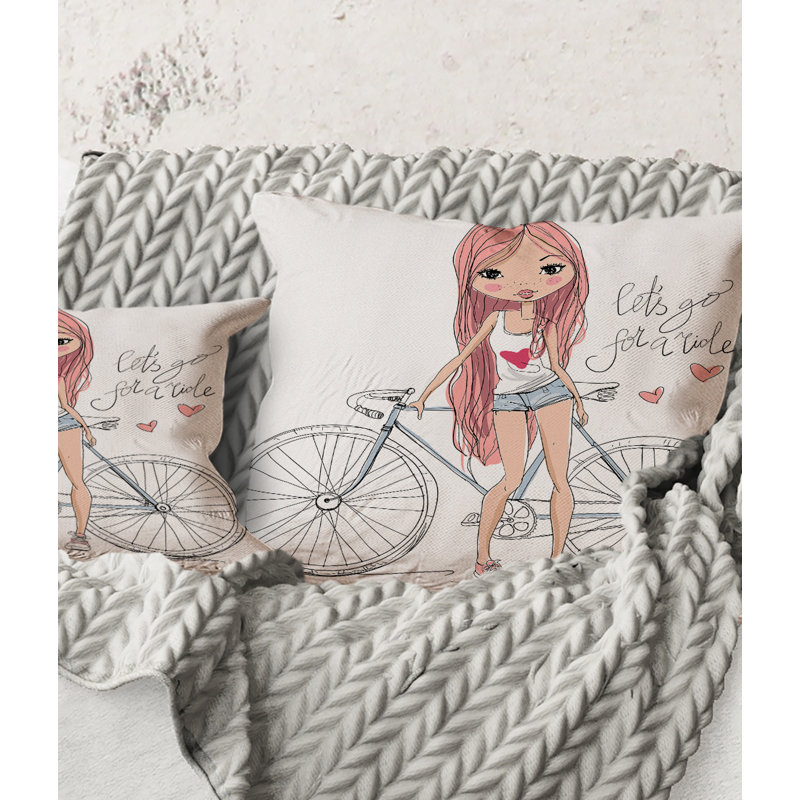 Carré, jeune fille à bicyclette - Coussin décoratif pour enfant, 16" x 16"