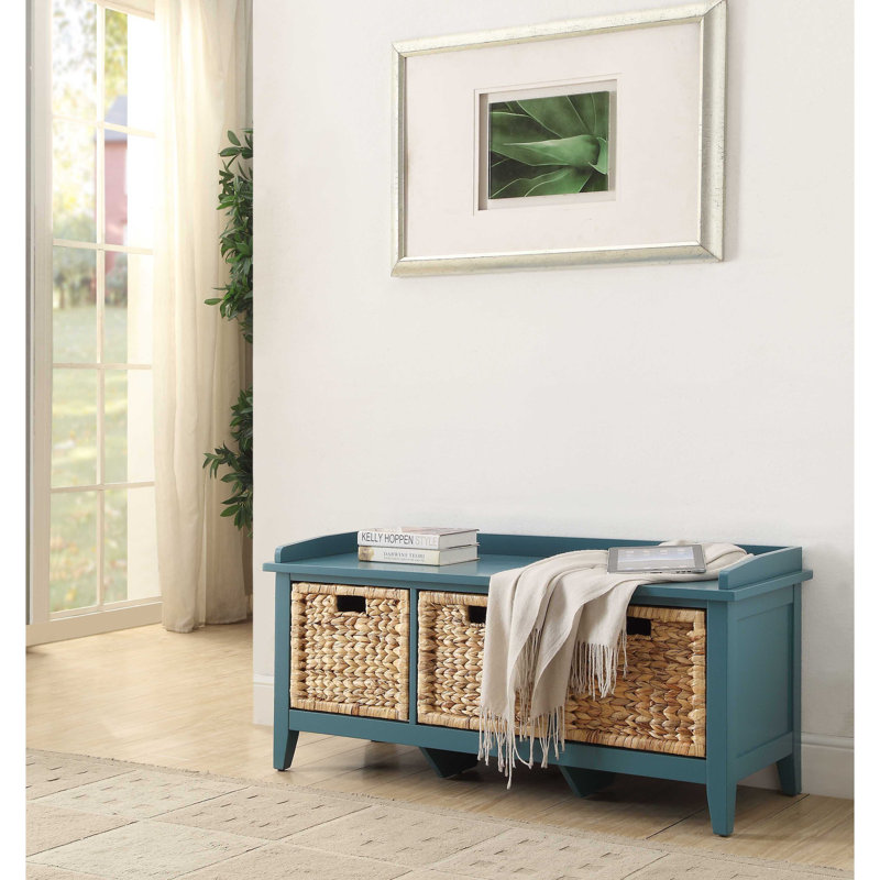 Teal Wood Storage Bench with Rattan Baskets