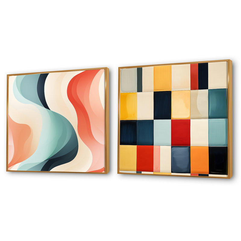 Culzean - Ensemble de 2 collages carrés à formes abstraites, Cadre flottant doré, H 30 po x l 61 po