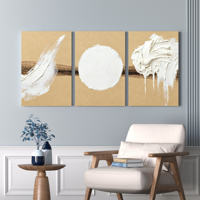 Ensemble de 3 toiles murales abstraites blanches à motifs de coups de pinceau et de cercles, H 18 po x l 36 po