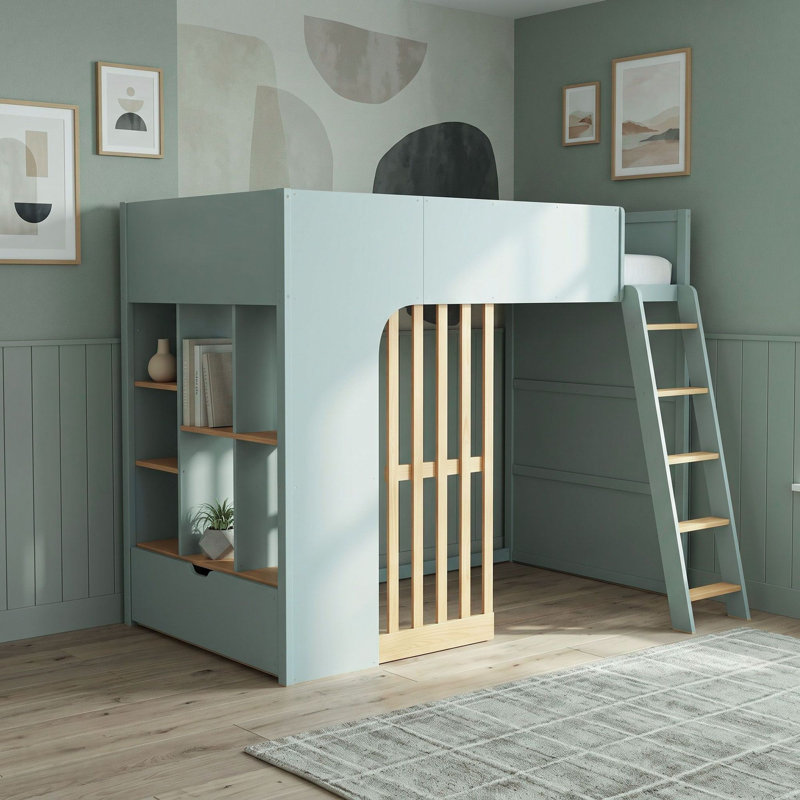 Lit mezzanine en bois avec tablettes de rangement et tiroir, échelle, Lit simple, Chêne naturel vert menthe