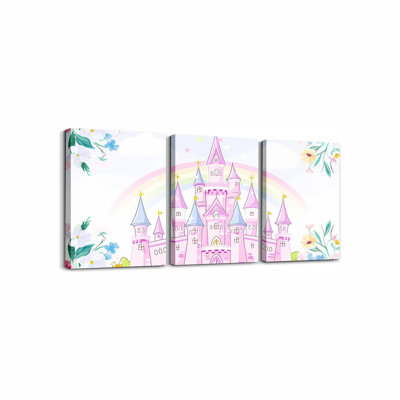 Château, enfants, toile, art mural pour salon, chambre à coucher, princesse, image murale pour salle de bain, affiches mignonnes, peinture florale rose, 12 po x 16 po x 3 pièces