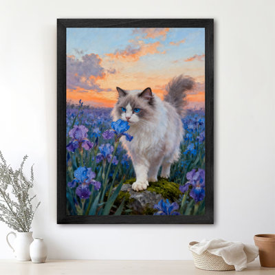 Black Framed Vintage Puppet Cat and Iris Field Wall Art Retro Style Framed Prints