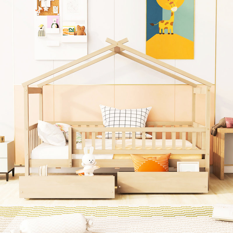 Lit simple en bois pour lit simple - rangement à deux tiroirs, fabrication en bois, naturel, têtes de lit incluses avec finition naturelle unie,