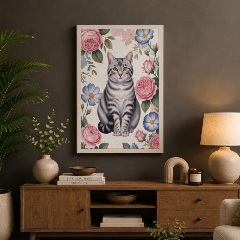 Cat Among Roses Botanical 1 Piece Wrapped Canvas Wall Art, 36x24 - 91.4 x 61.0 cm, Terracotta Border