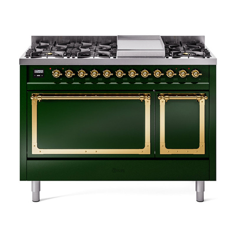 Cuisinière à double combustible 48 po avec 8 brûleurs scellés et plaque chauffante (porte pleine) Nostalgie II de la série ILVE Nostalgie II