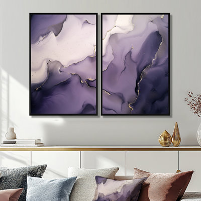Purple And Grey Marble Ink Clouds XI - Purple Modern Wall Art 2-Panels