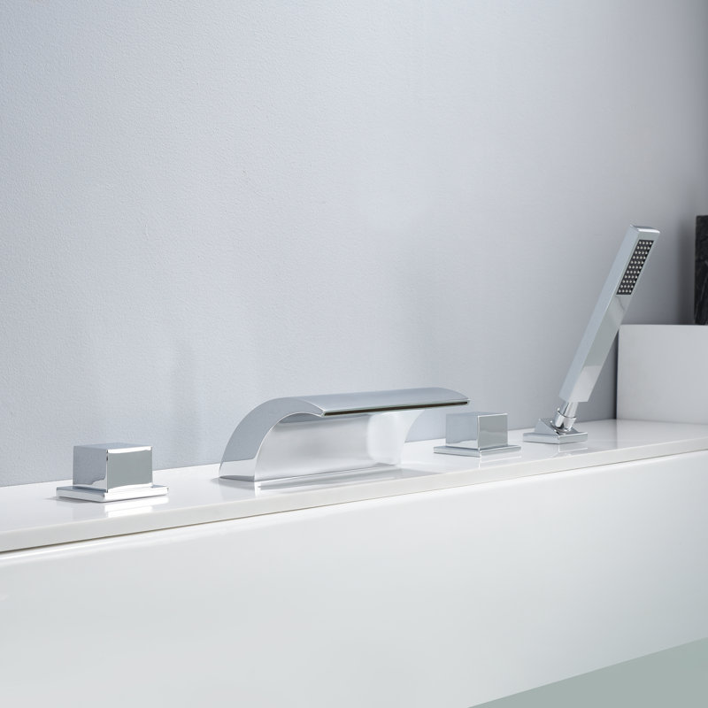 SUMERAIN High Flow Waterfall Double Knob Handle Roman Tub Faucet with Diverter and Hand Shower, Chrome, Chrome