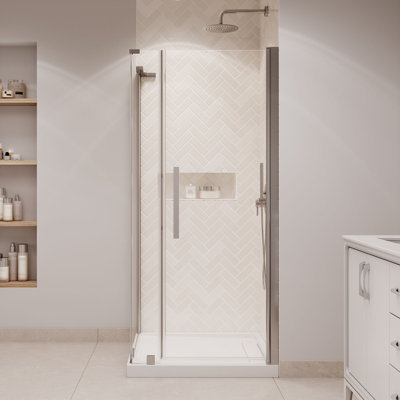 Ensemble de porte de douche pivotante sans cadre en nickel satiné OVE Breeze P 36 po x P 36 po x H 74 3/4 po OVE