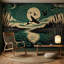 Papier peint mural de style gravure sur bois représentant des oies en vol dans un marais au clair de lune-477306169-477306171