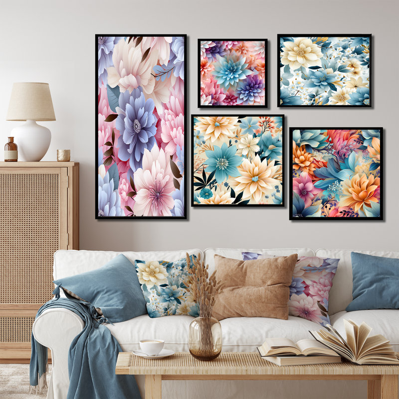 Grecia - Ensemble de 5 décorations murales florales, Cadre flottant noir
