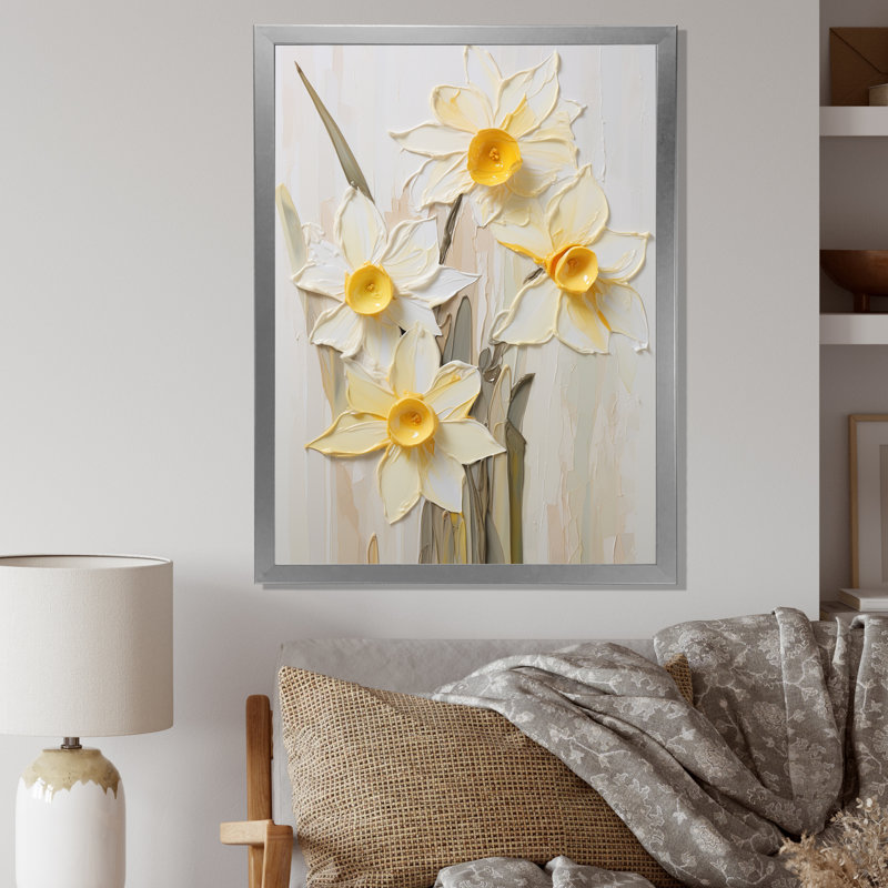 Minimalisme crème, jonquilles sur toile, Cadre simple argenté, H 44 po x l 34 po x P 1,5 po