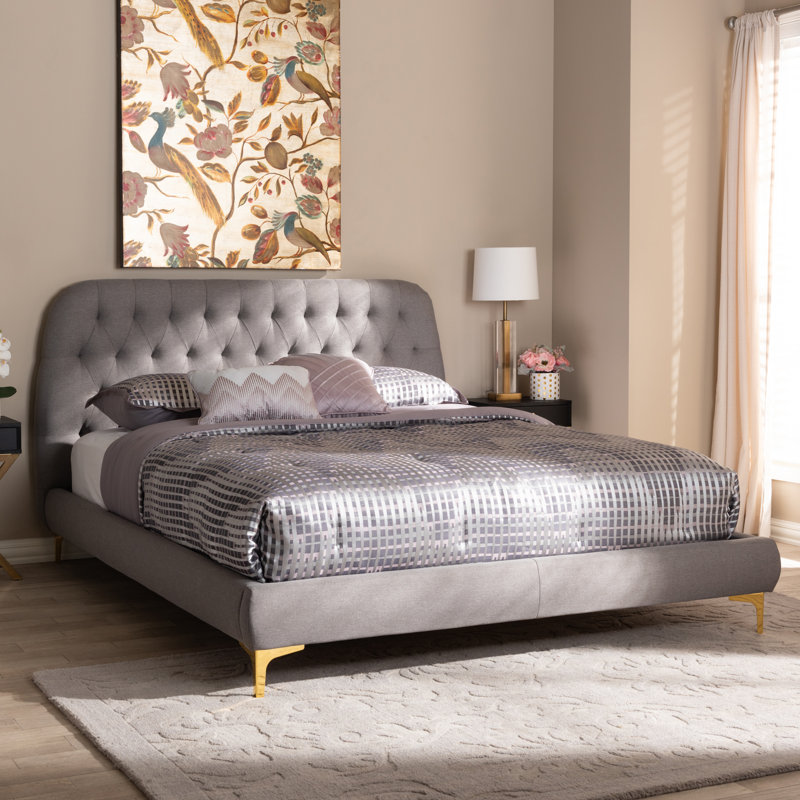 Lit plateforme en tissu d’ameublement Commer, Gris foncé, Double