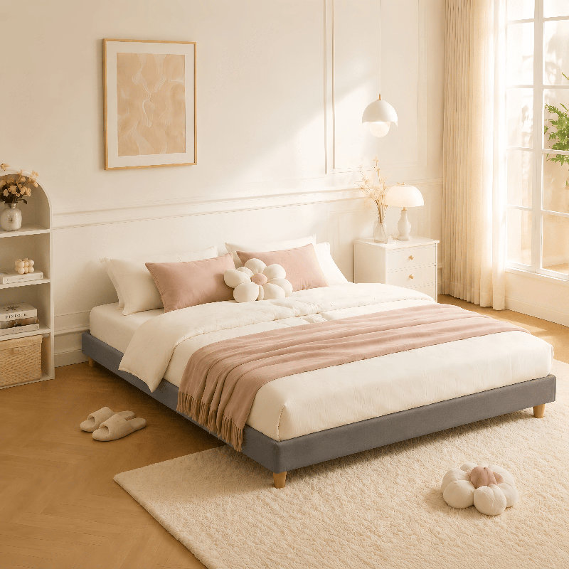 Lit plateforme en tissu d'ameublement, gris, Très grand
