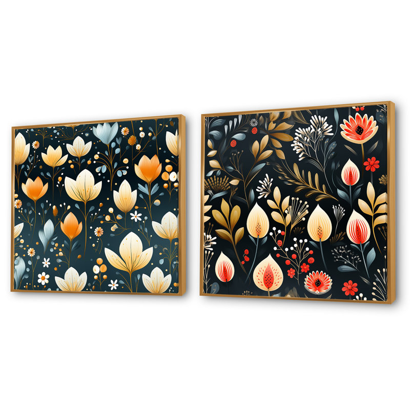 Scandinavian Botanical Collage III - Ensemble de 2 collages botaniques abstraits, Cadre flottant doré, H 30 po x l 61 po